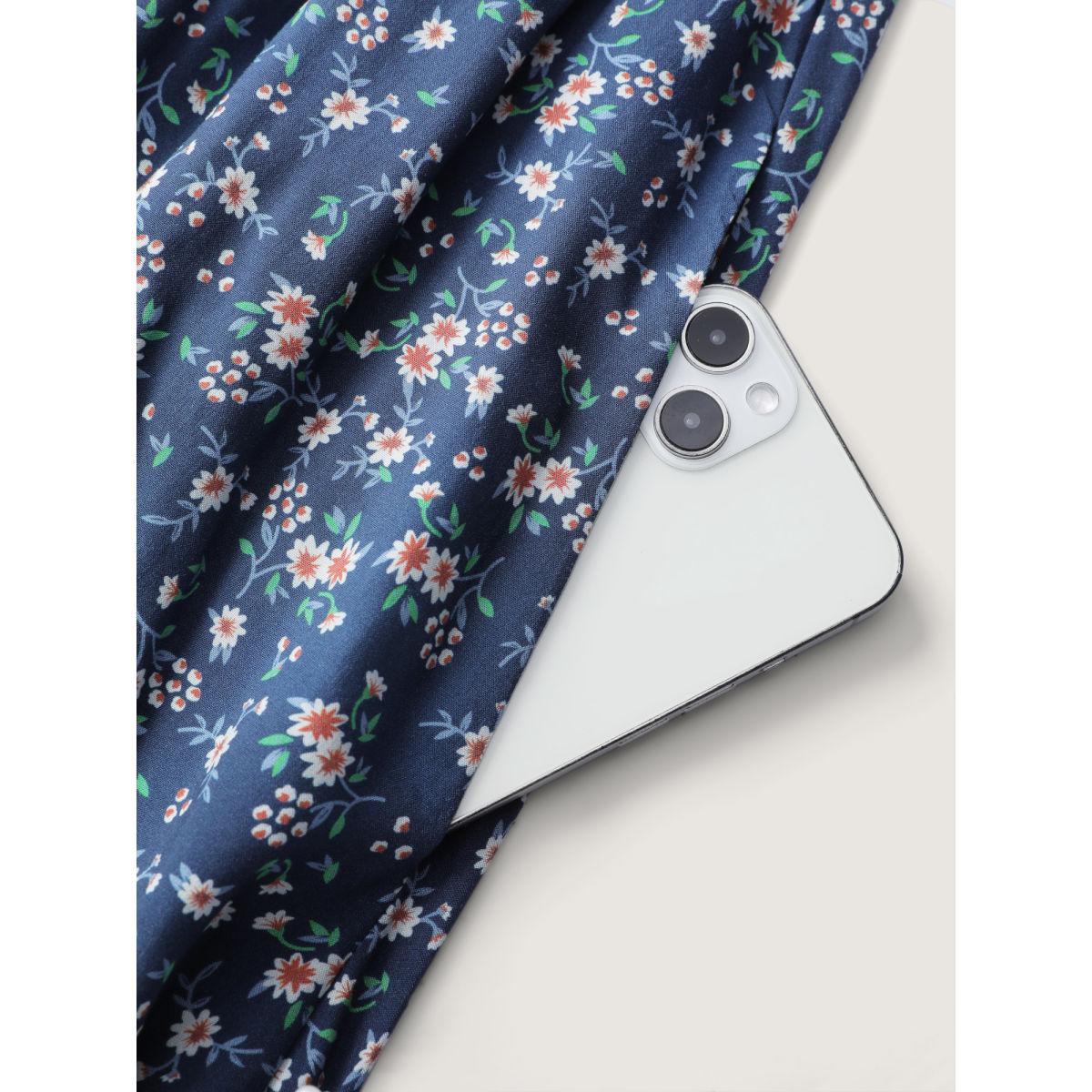 Plus Size Floral Print Drawstring Bust-Ease Midi Dress DarkBlue Women Timeless Drawstring Heart neckline Extra Long Sleeve Curvy BloomChic 18-20/2X Product Image