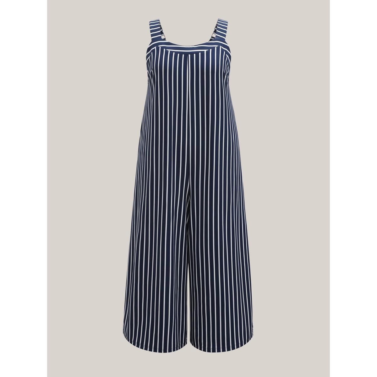 Plus Size Navy Stretchy Striped Print Wide-Leg Jumpsuit Women Sleeveless V-neck Everyday-Casual Loose Jumpsuits BloomChic 22-24/3X Product Image