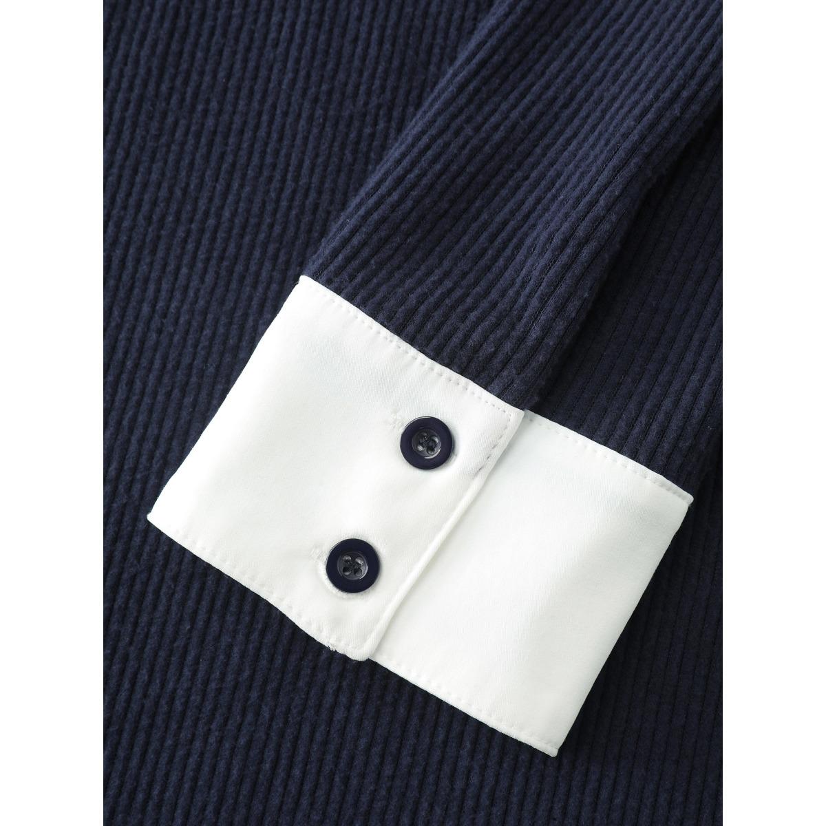 Plus Size Color Contrast Placket Button T-Shirt Indigo Women Office Shirt collar Office T-shirts BloomChic 22-24/3X Product Image