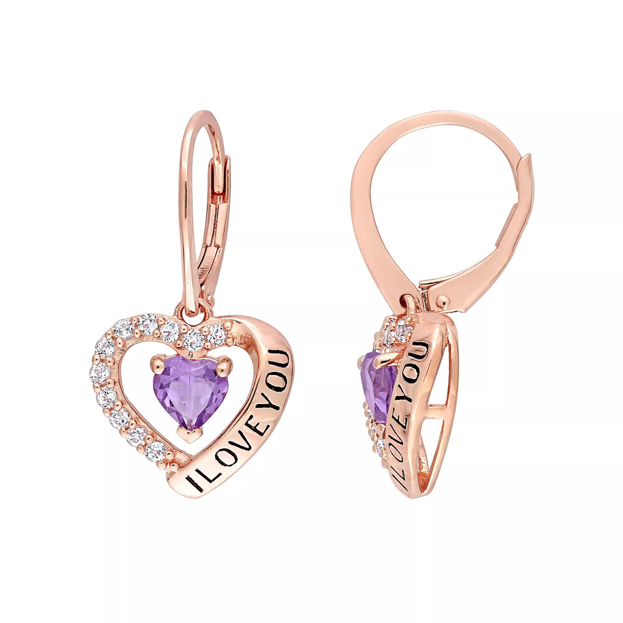 Stella Grace 18k Rose Gold Over Silver Amethyst "I Love You" Heart Earrings, Women's, 18k Rose Gold Plated Product Image