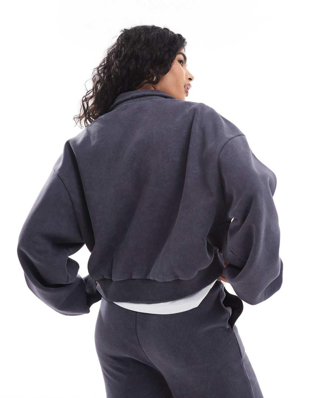 ASOS DESIGN high neck zip up sweatshirt with balloon sleeve in washed gray - part of a set Product Image