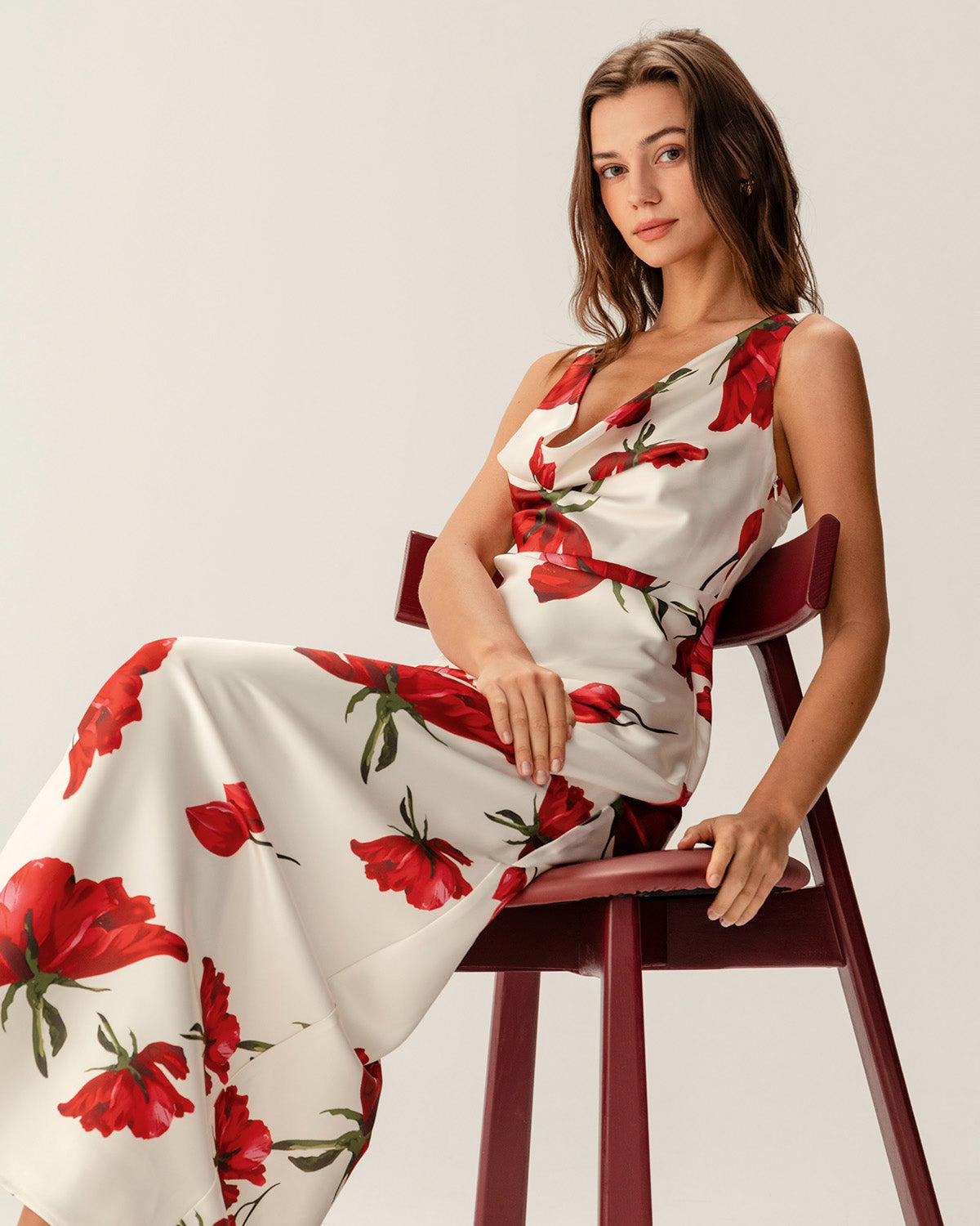 Red Floral Satin Slip Maxi Dress Product Image