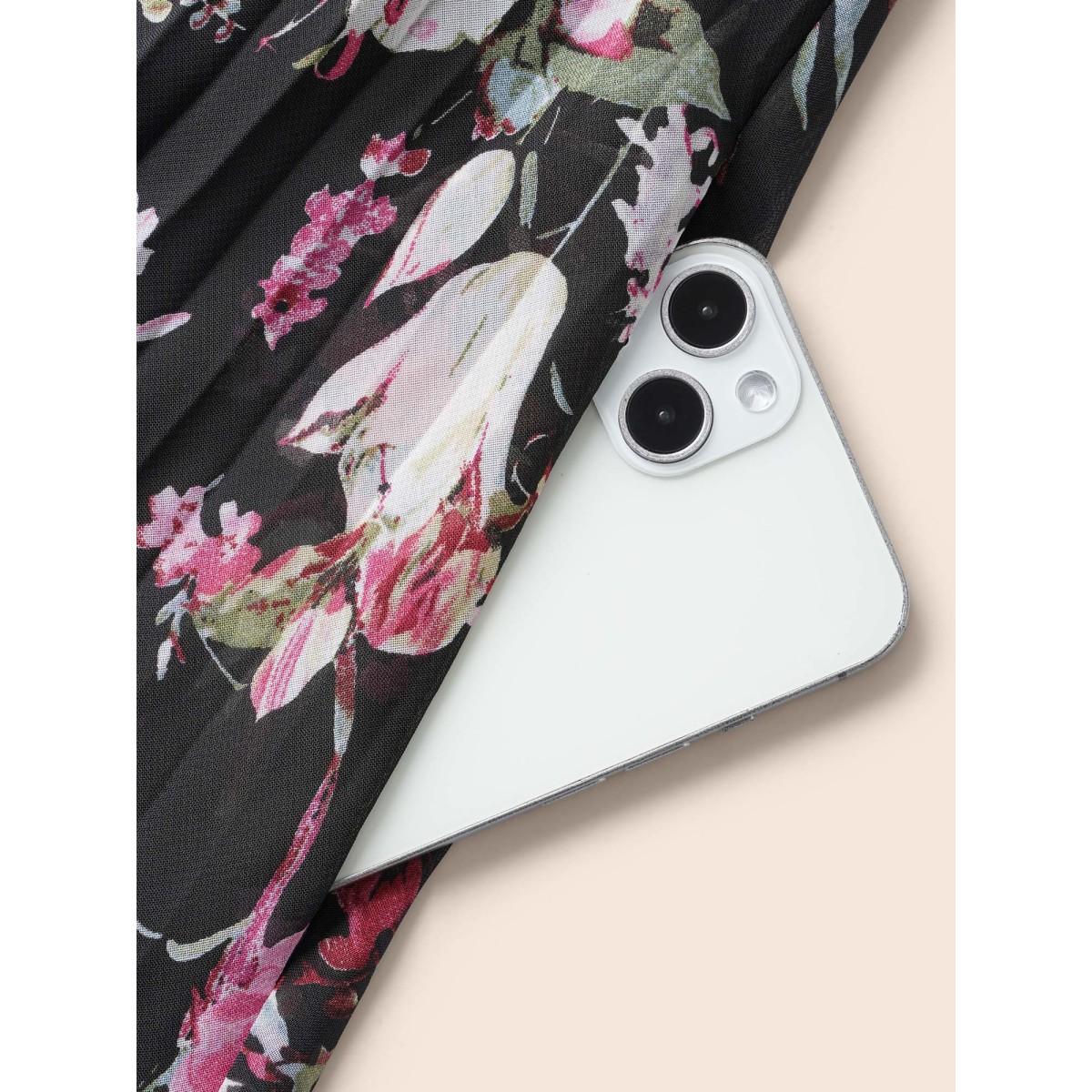 Plus Size Black Chiffon Floral Pleated Pocket Blouse Women Elegant Long Sleeve Flat collar with V-notch Everyday Blouses BloomChic 12/L Product Image