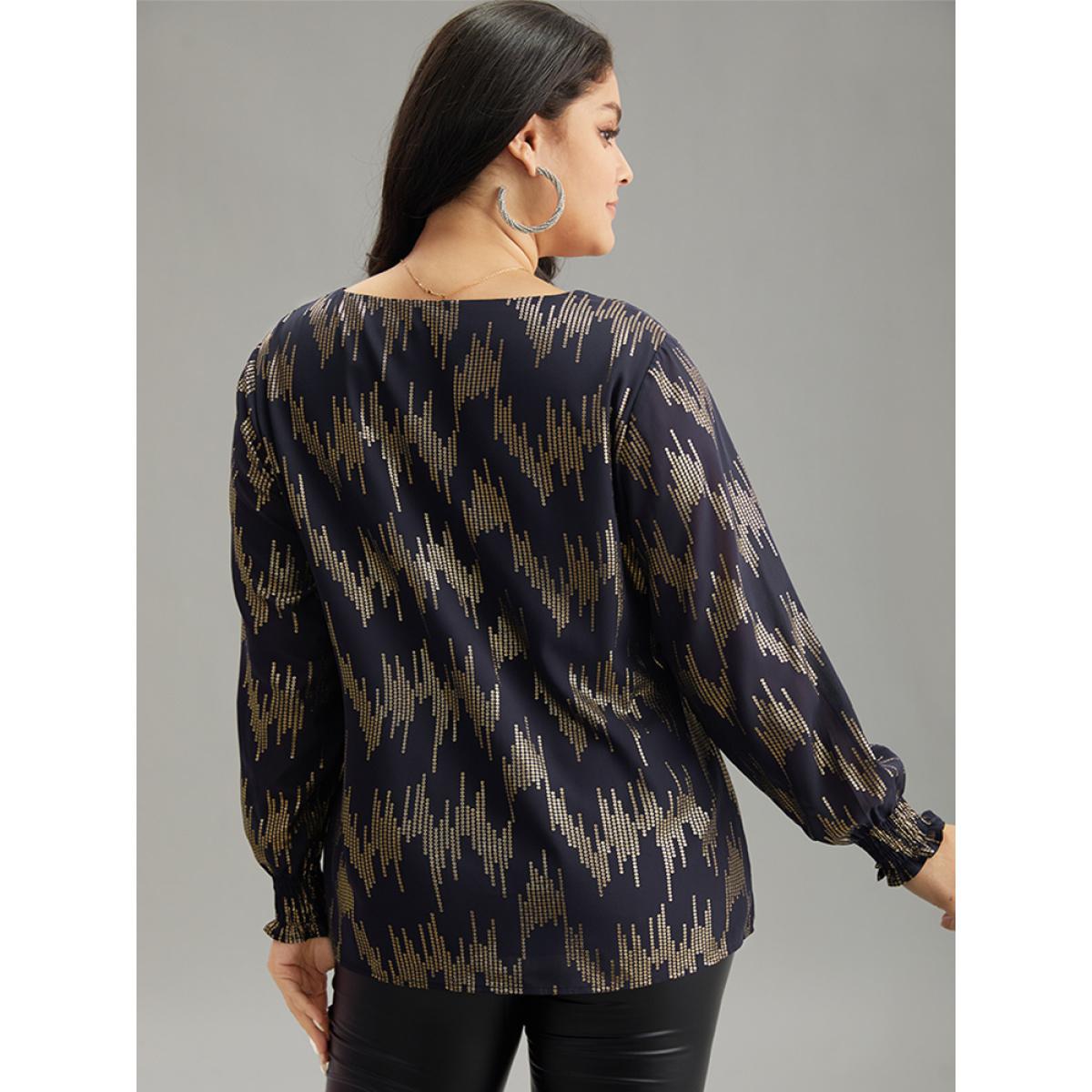 Plus Size Indigo Glitter V Neck Shirred Lantern Sleeve Blouse Women Glamour Long Sleeve V-neck Going out Blouses BloomChic 12/L Product Image
