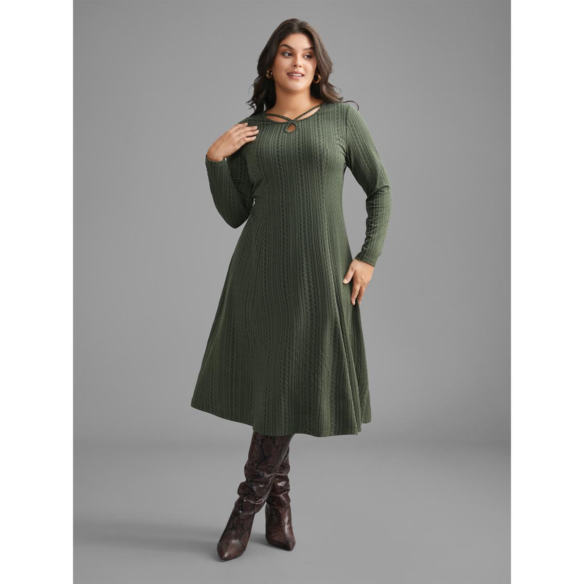 Plus Size Plain Textured Keyhole Knit Dress ArmyGreen Women Casual Texture Knit Dresses Bloomchic 30/6X Product Image