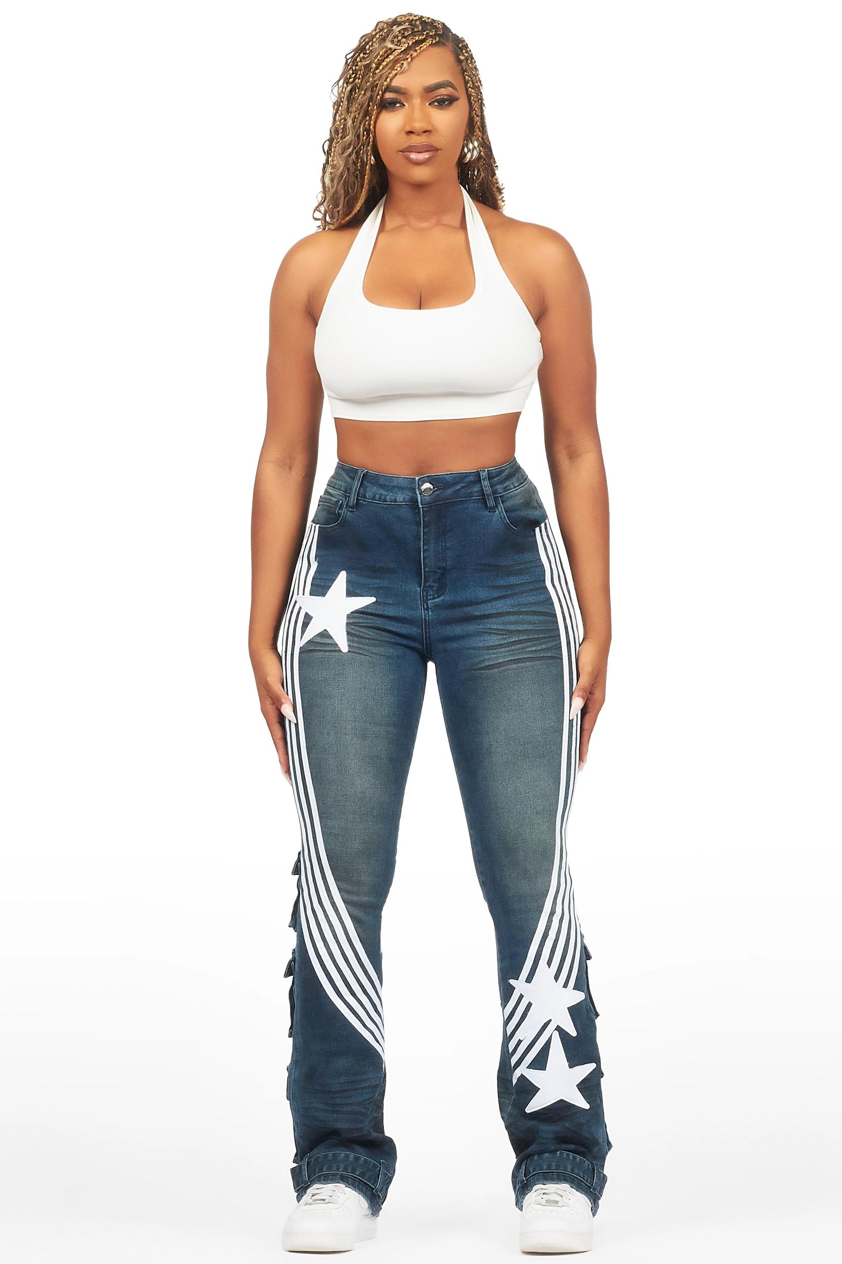 Jaziya Dark Wash Stacked Flare Jean Female Product Image