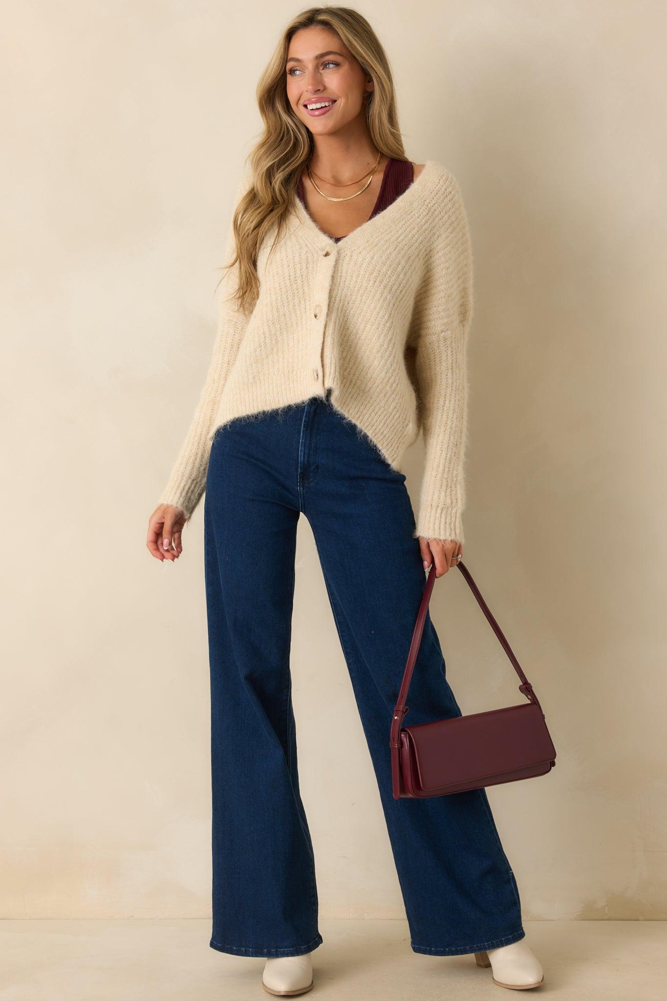Always The Answer Ivory Ribbed Knit Button Up Cardigan Product Image