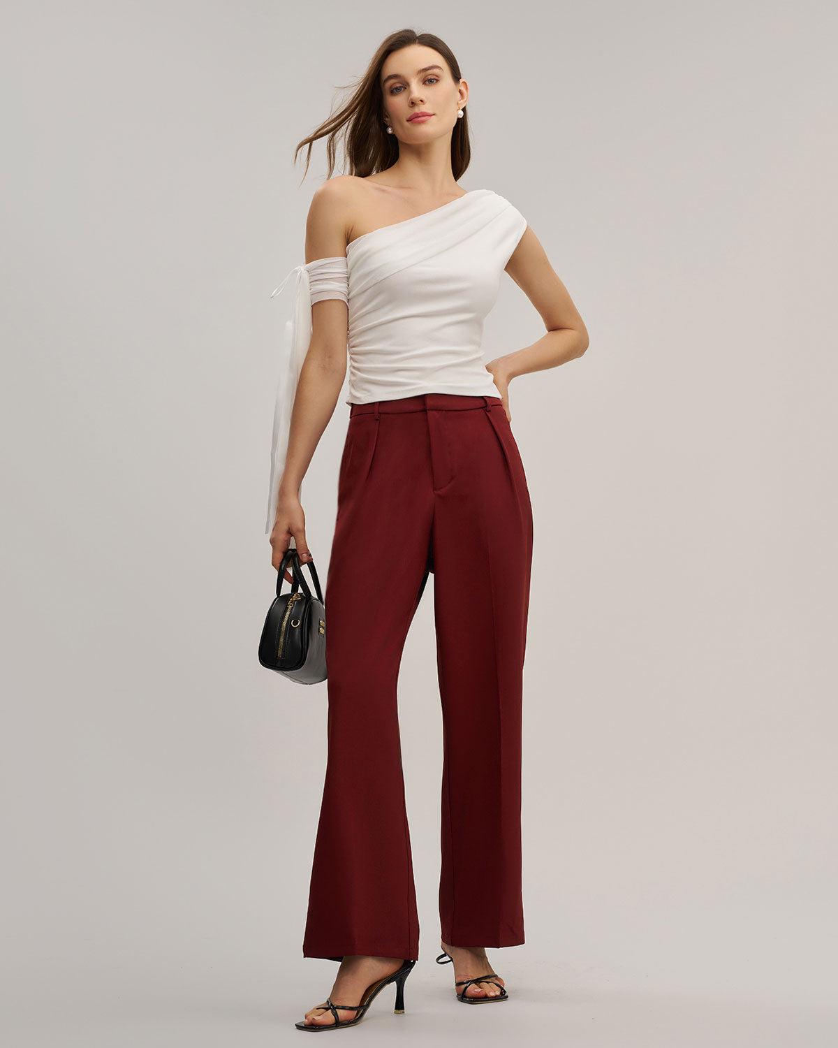 Red Elastic Waist Straight Pants Product Image