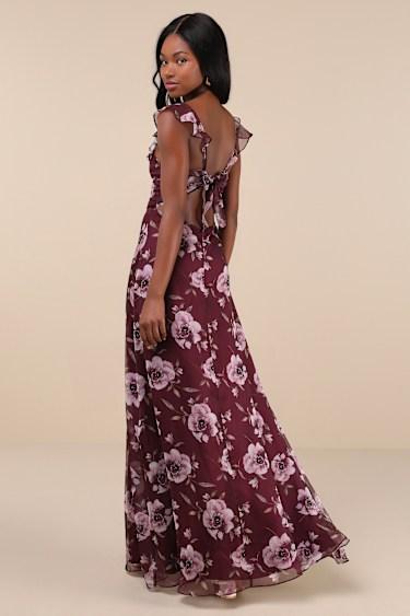 Sweetest Entrance Plum Purple Floral Ruffled Tie-Back Maxi Dress Product Image