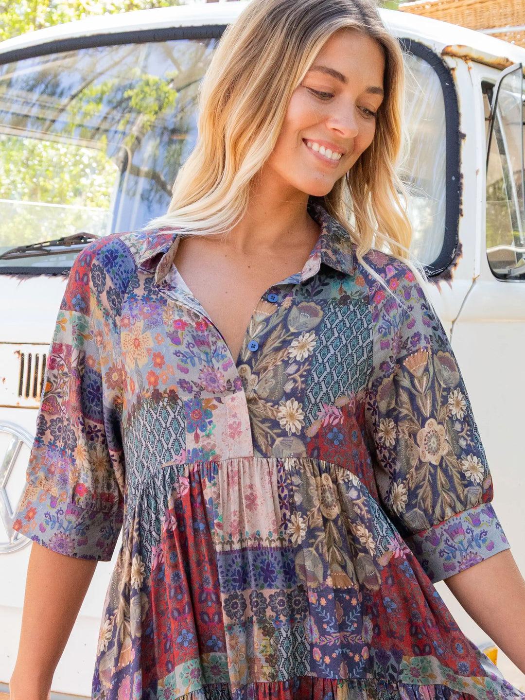 Rebecca Midi Dress - Blue Patchwork Product Image