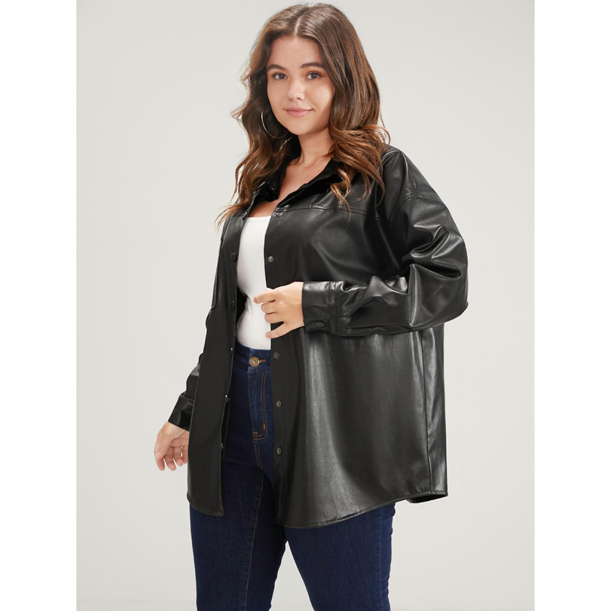 Plus Size PU Leather Pocket Button Up Coat Women Black Casual Button Ladies Dailywear Winter Coats BloomChic 18-20/2X Product Image