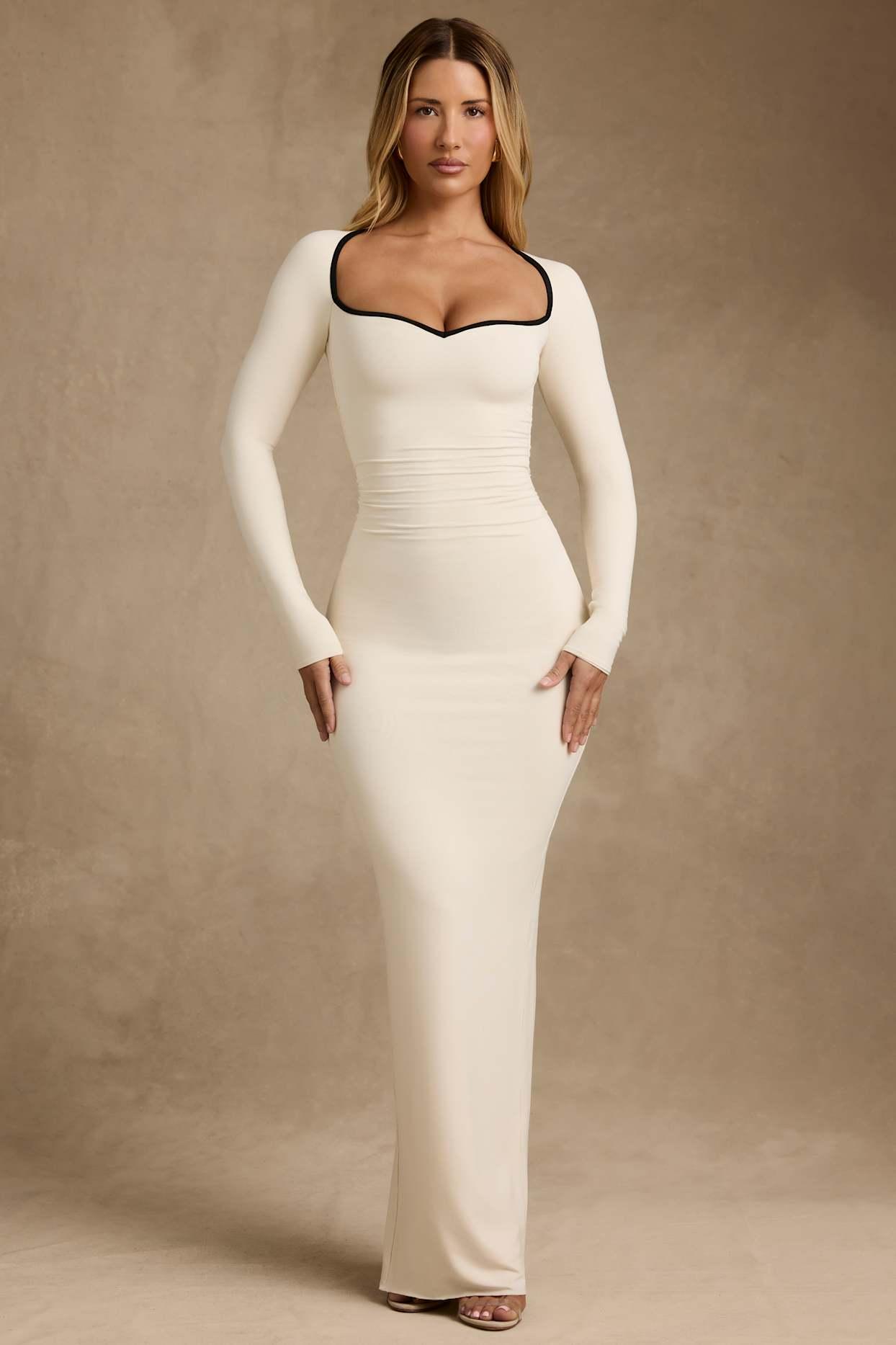 Modal Contrast-Trim Maxi Dress in Ivory Product Image