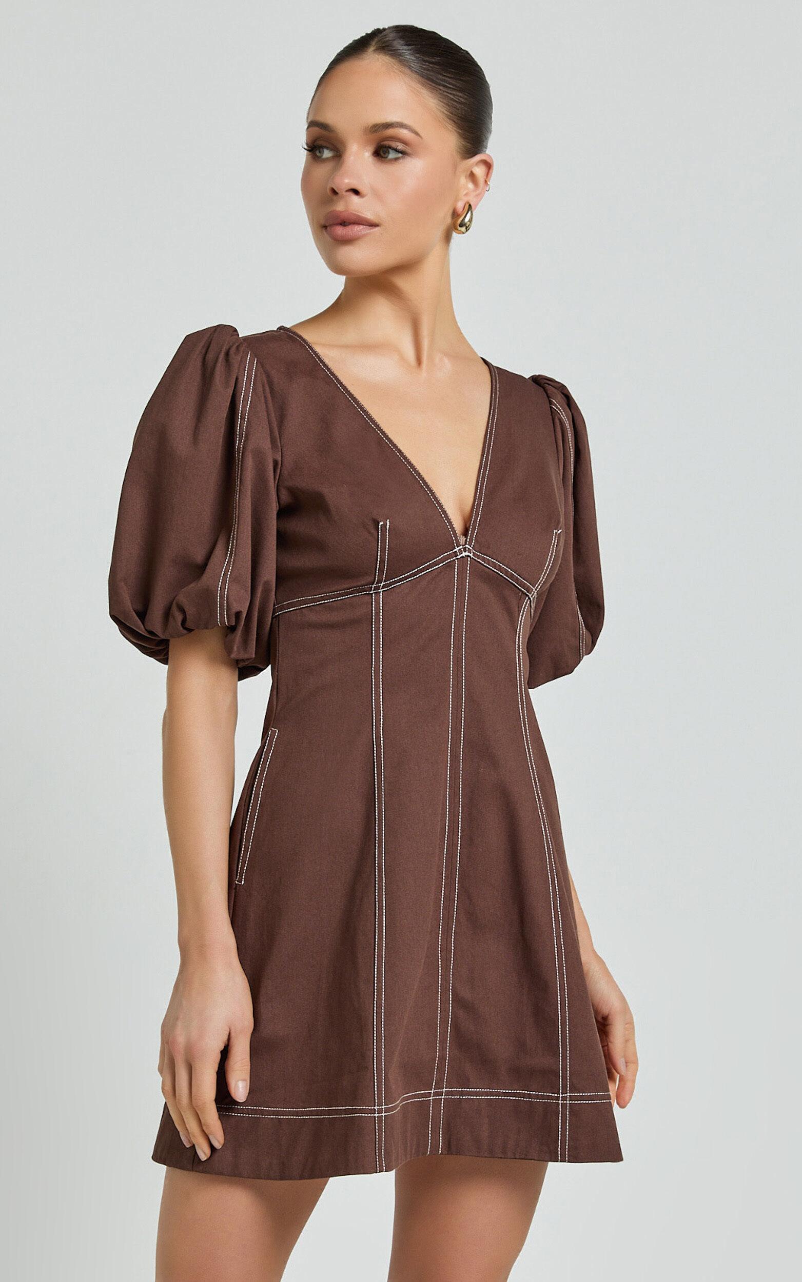 Tallie Mini Dress - Linen Puff Sleeve A Line Dress in Chocolate Product Image