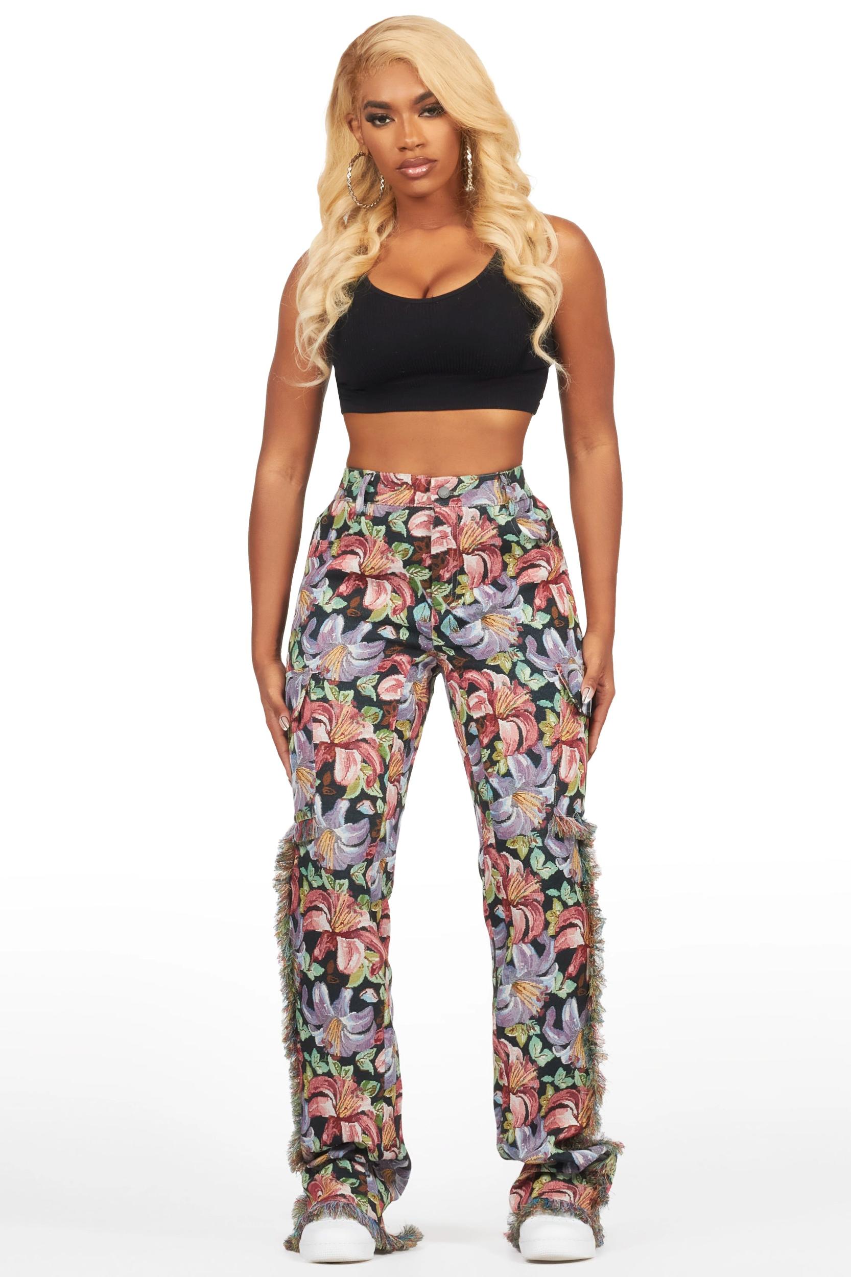 Tykima Black Floral Cargo Tapestry Stacked Pant Female Product Image