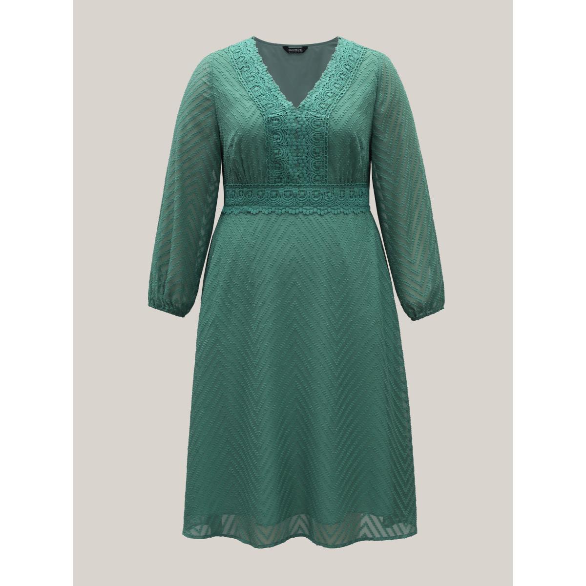 Plus Size Sheer Textured Lace Detail Pockets Midi Dress Teal Women Elegant Woven ribbon&lace trim V-neck Long Sleeve Curvy BloomChic 30/6X Product Image