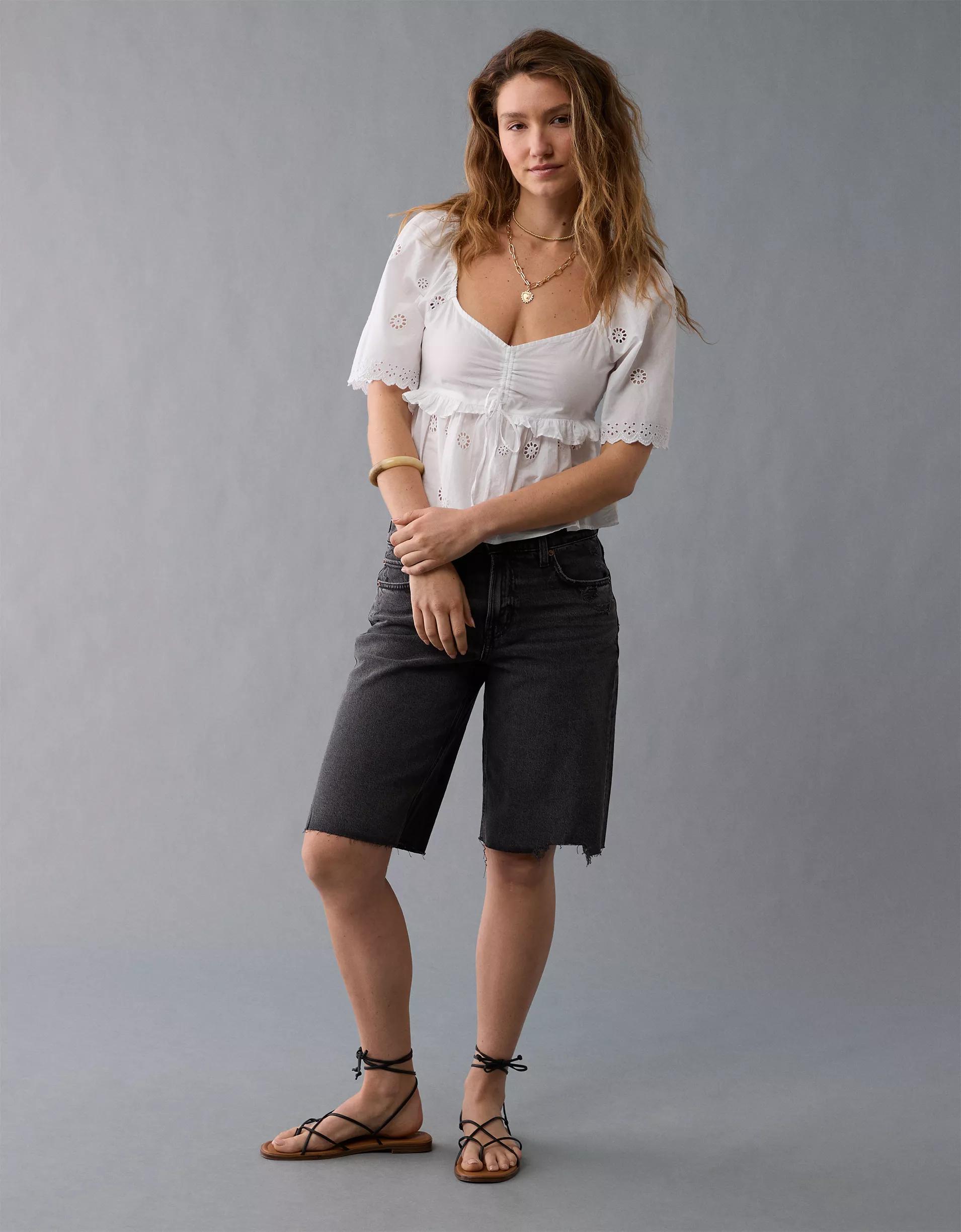 AE Flutter Sleeve Eyelet Babydoll Blouse Product Image