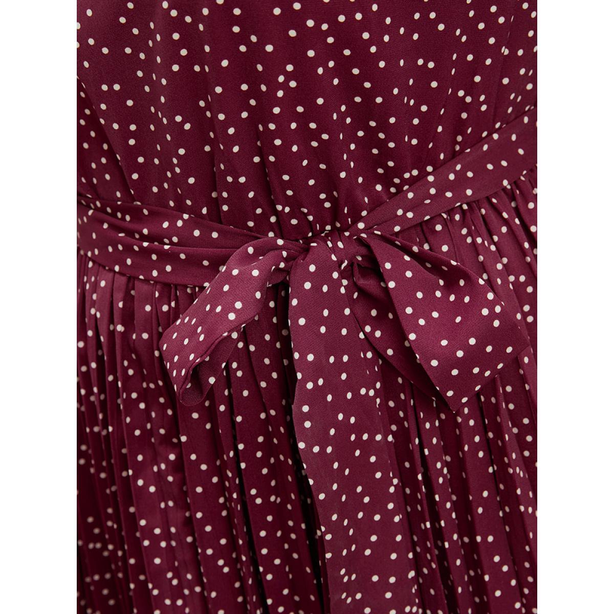 Plus Size Polka Dot Lantern Sleeve Pocket Belted Pleated Dress Purple Women Elegant Gathered Round Neck Long Sleeve Curvy Long Dress BloomChic 14-16/1X Product Image