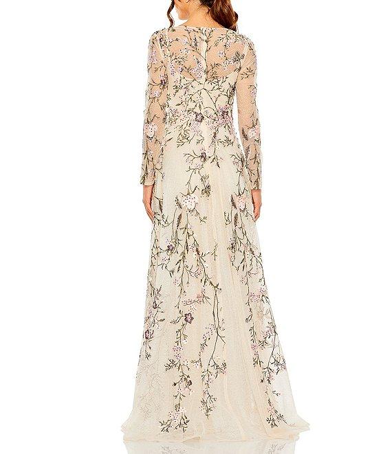 Mac Duggal Floral Embroidered Mesh Overlay V-Neck Illusion Long Sleeve A-Line Gown Product Image