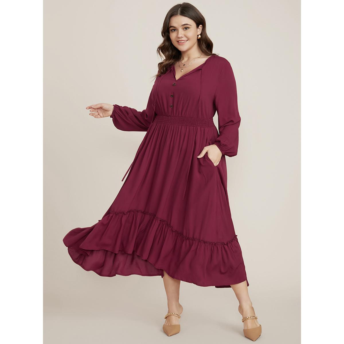 Plus Size Solid Pocket Button Detail Tie Neck Shirred Ruffles Dress Burgundy Women Elegant Pocket V-neck Long Sleeve Curvy Midi Dress BloomChic 14-16/1X Product Image