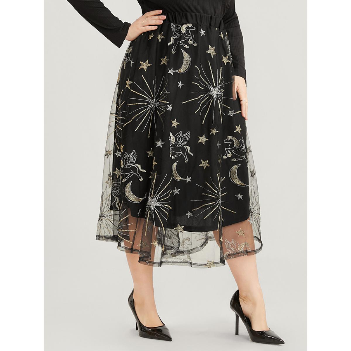 Plus Size Moon And Star Embroidered Mesh Elastic Waist Skirt Women Black Glamour Embroidered No stretch Going out Skirts BloomChic 12/L Product Image