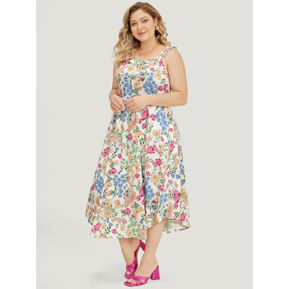 Plus Size Floral Arc Hem Pocket Square Neck Ruffle Trim Cami Dress Multicolor Women Elegant Arc Hem Square Neck Sleeveless Curvy Midi Dress BloomChic 18-20/2X Product Image