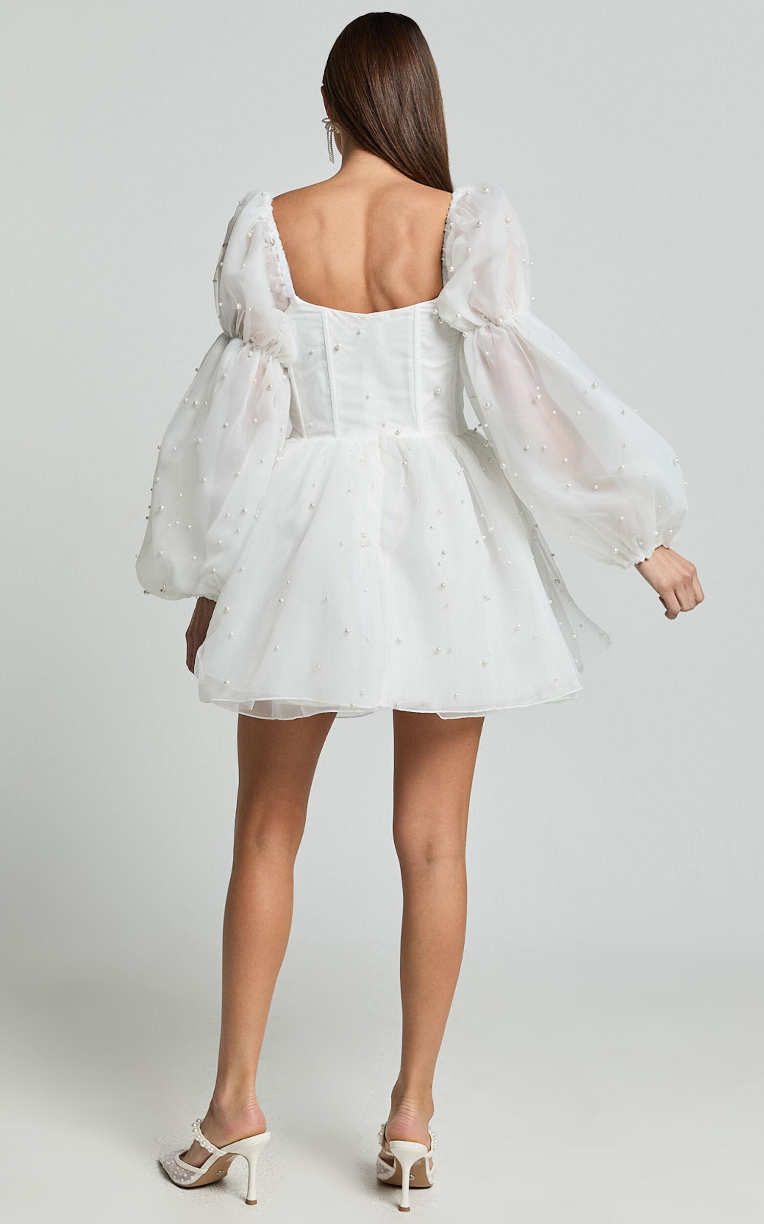 Ingrid Mini Dress - Long Puff Sleeve Pearl Detail Dress in White Product Image