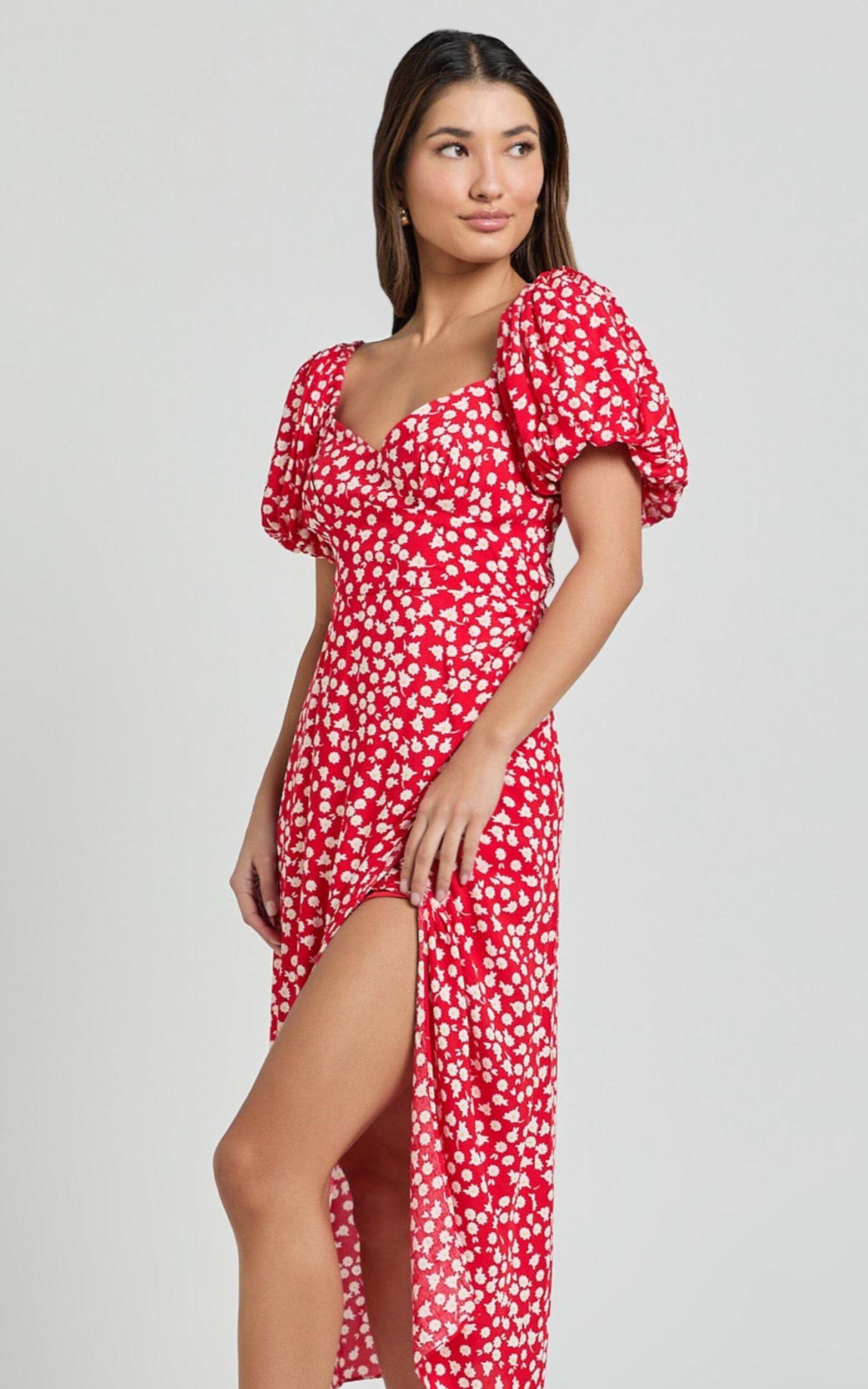 Carlyn Midi Dress - Sweetheart Puff Sleeve Wrap Dress in Red Floral Product Image