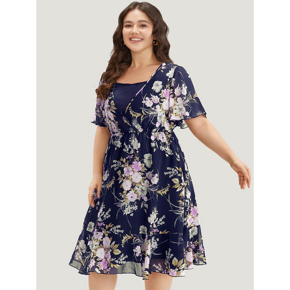 Plus Size Floral Print 2-In-1 Mesh Ruffle Sleeve Dress Indigo Women Elegant Printed V-neck Short sleeve Curvy Midi Dress BloomChic 14-16/1X Product Image