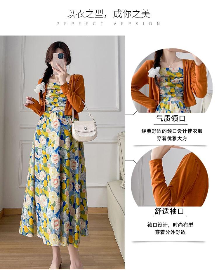 Maternity Spaghetti Strap Floral Midi A-Line Dress / Plain Cardigan / Set Product Image