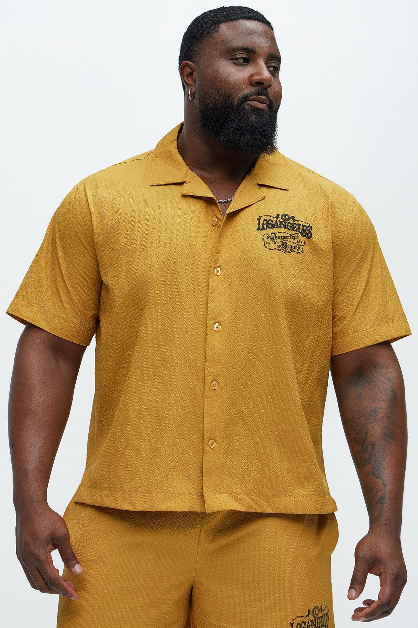 Waffle Crinkled Cuban Collar Shirt - Yellow Product Image