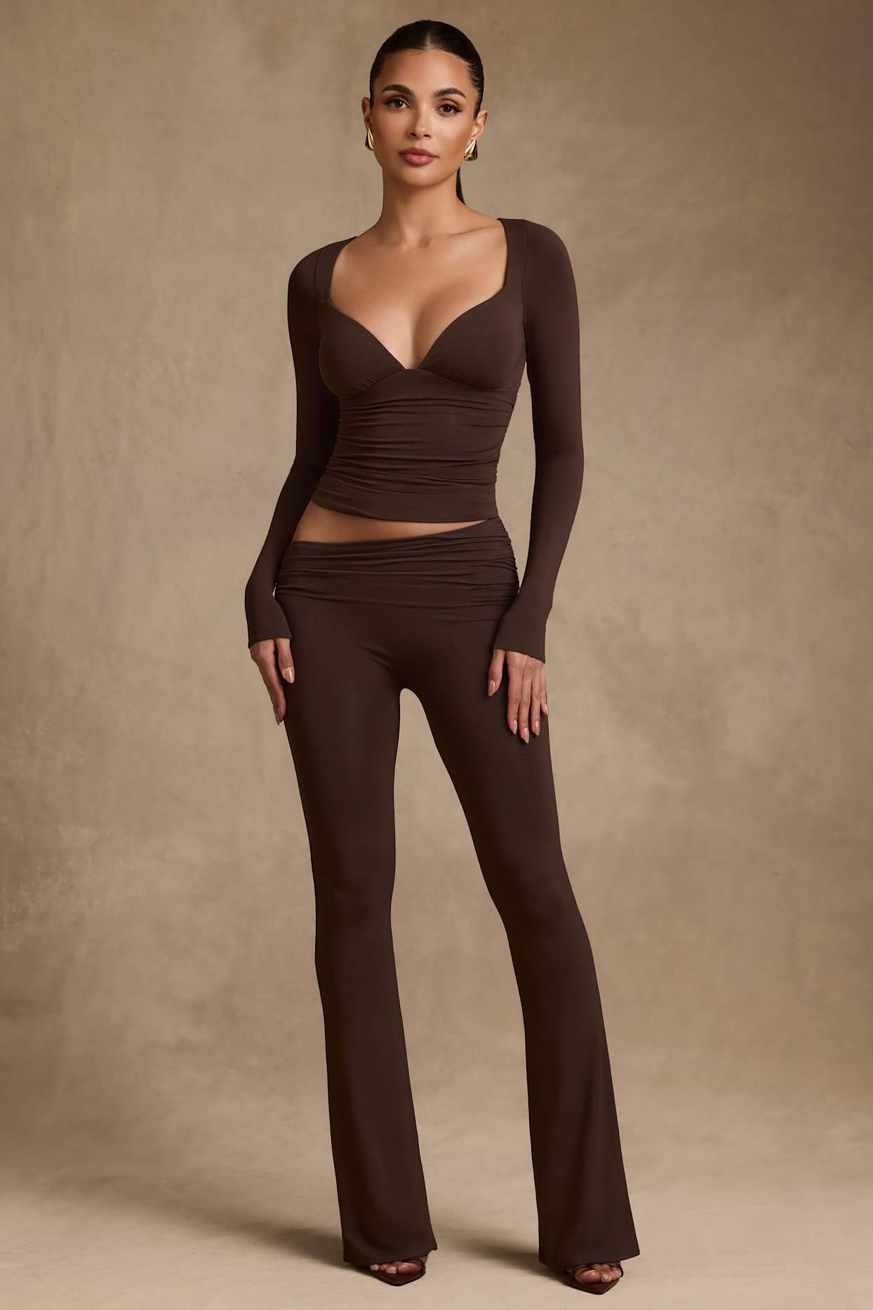 Modal Asymmetric-Waist Flared Trousers in Chocolate Brown Product Image