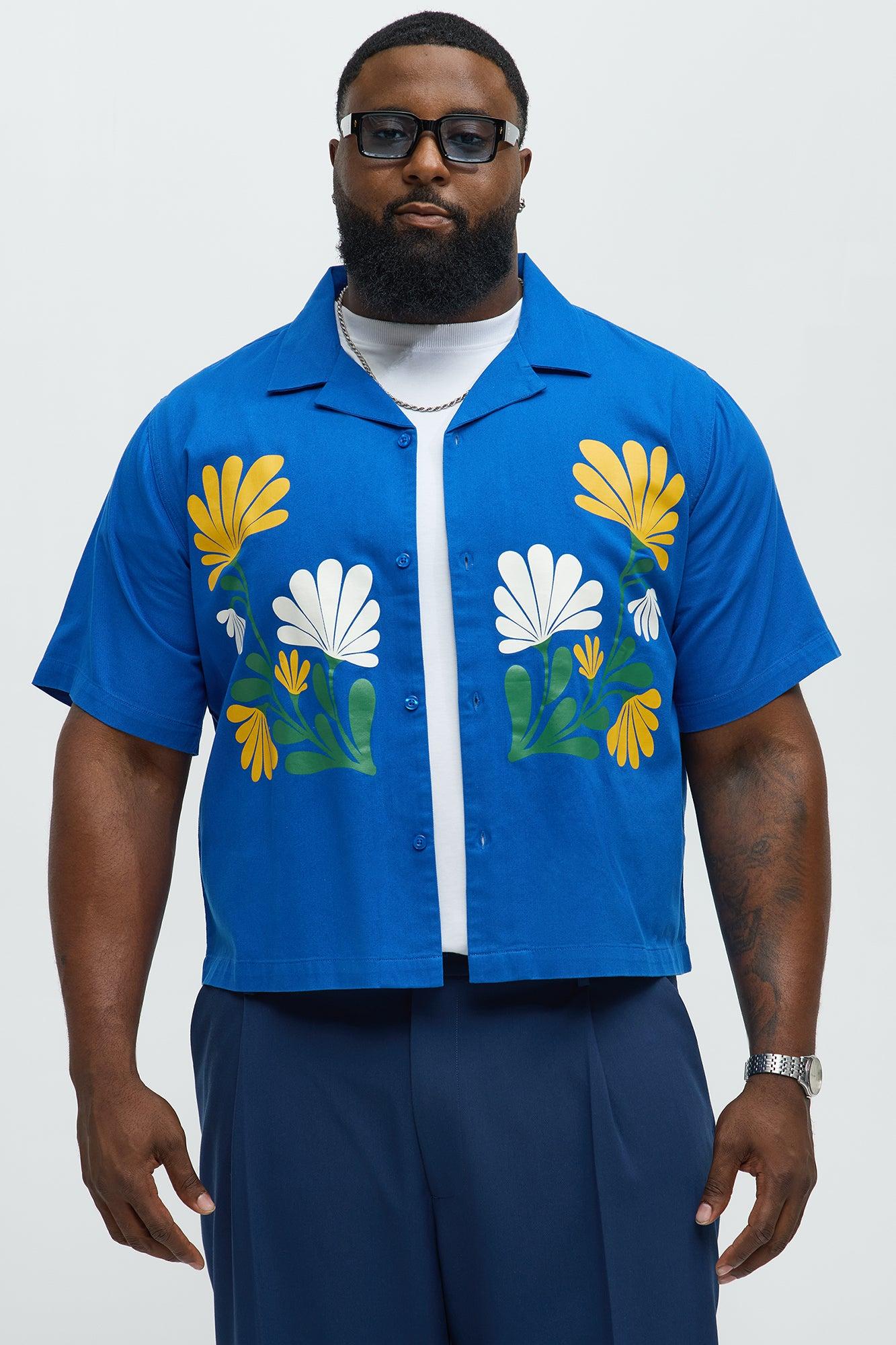 Botanical Garden Cropped Short Sleeve Button Up Shirts - Blue Product Image