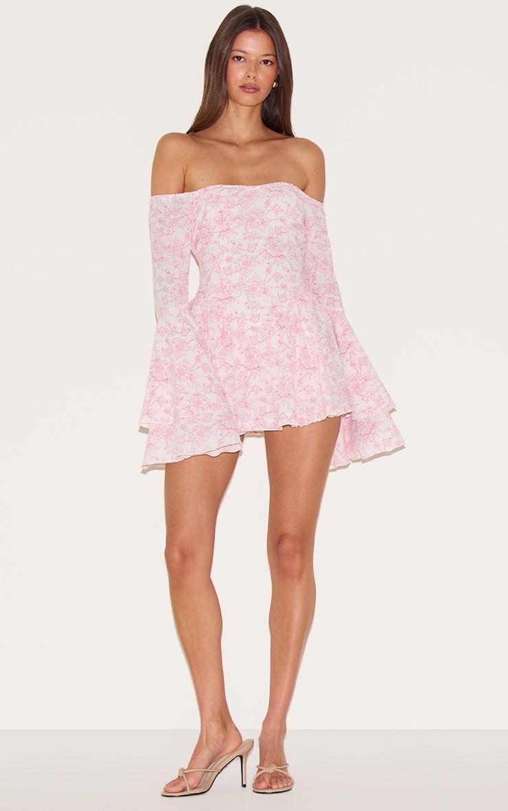 Pink Ditsy Print Bardot Flare Sleeve Romper Product Image