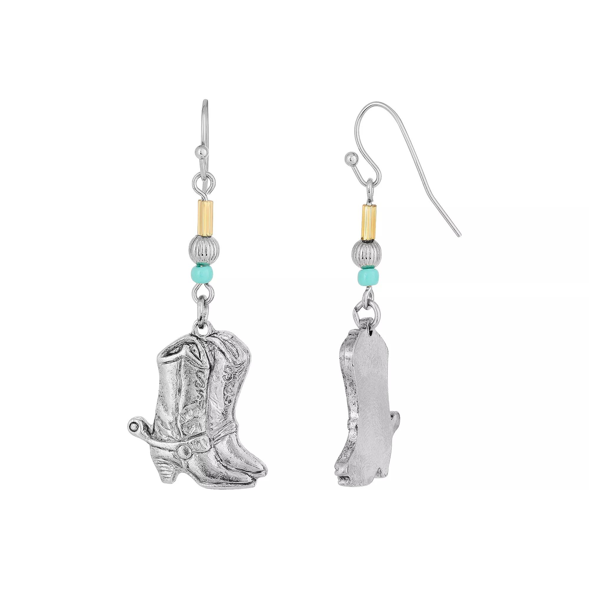 1928 Silver-Tone & Imitation Turquoise Accent Western Boots Drop Earrings, Womens Product Image