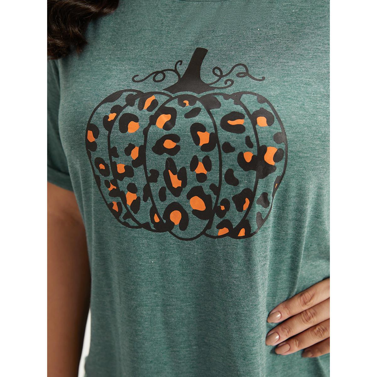 Plus Size Halloween Pumpkin Print Crew Neck T-shirt DarkGreen Women Casual Printed Halloween Dailywear T-shirts BloomChic 12/L Product Image