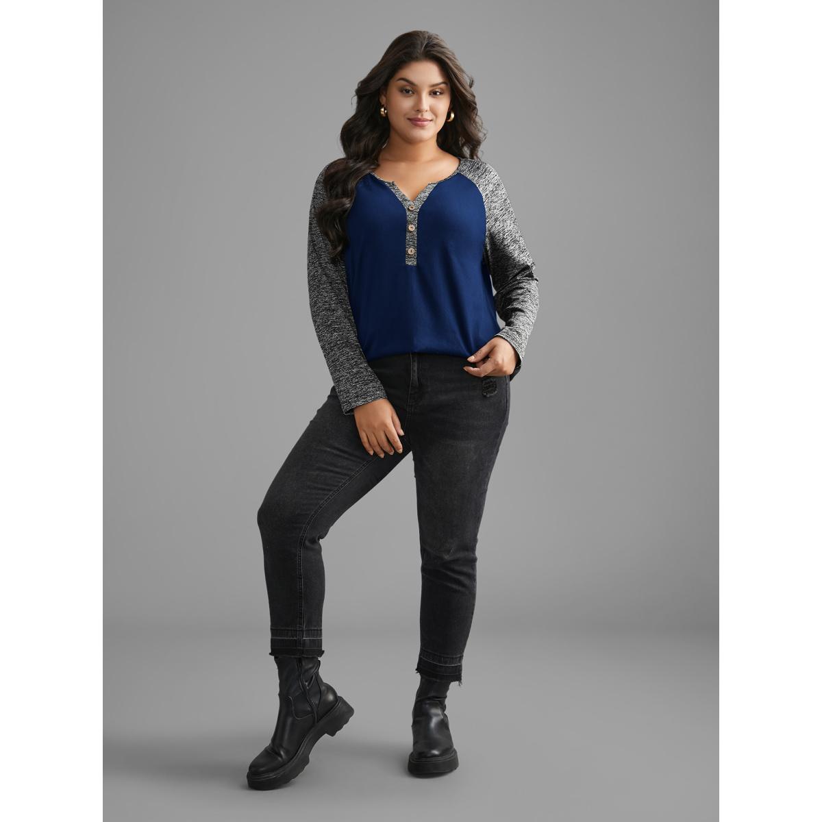 Plus Size Heather Patchwork Button Detail Stretchy T-Shirt DarkBlue Women Leisure Contrast Flat collar with V-notch Casual T-shirts BloomChic 12/L Product Image
