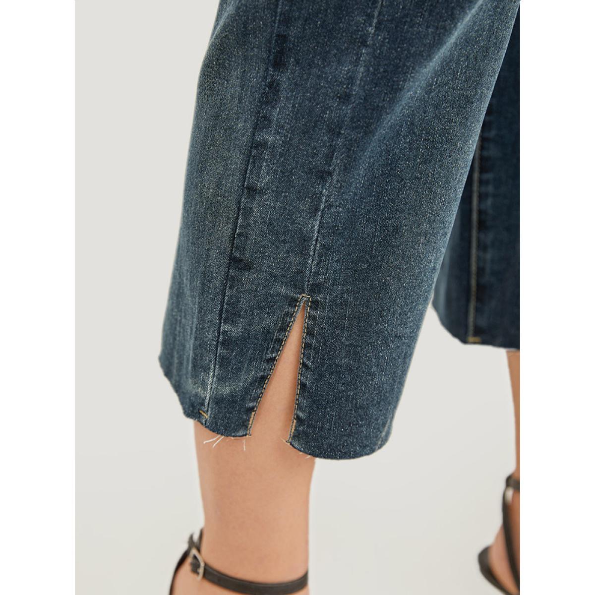 Plus Size Very Stretchy High Rise Dark Wash Split Jeans Women Midnight Casual Plain Slit High stretch Pocket Jeans BloomChic 12/L Product Image