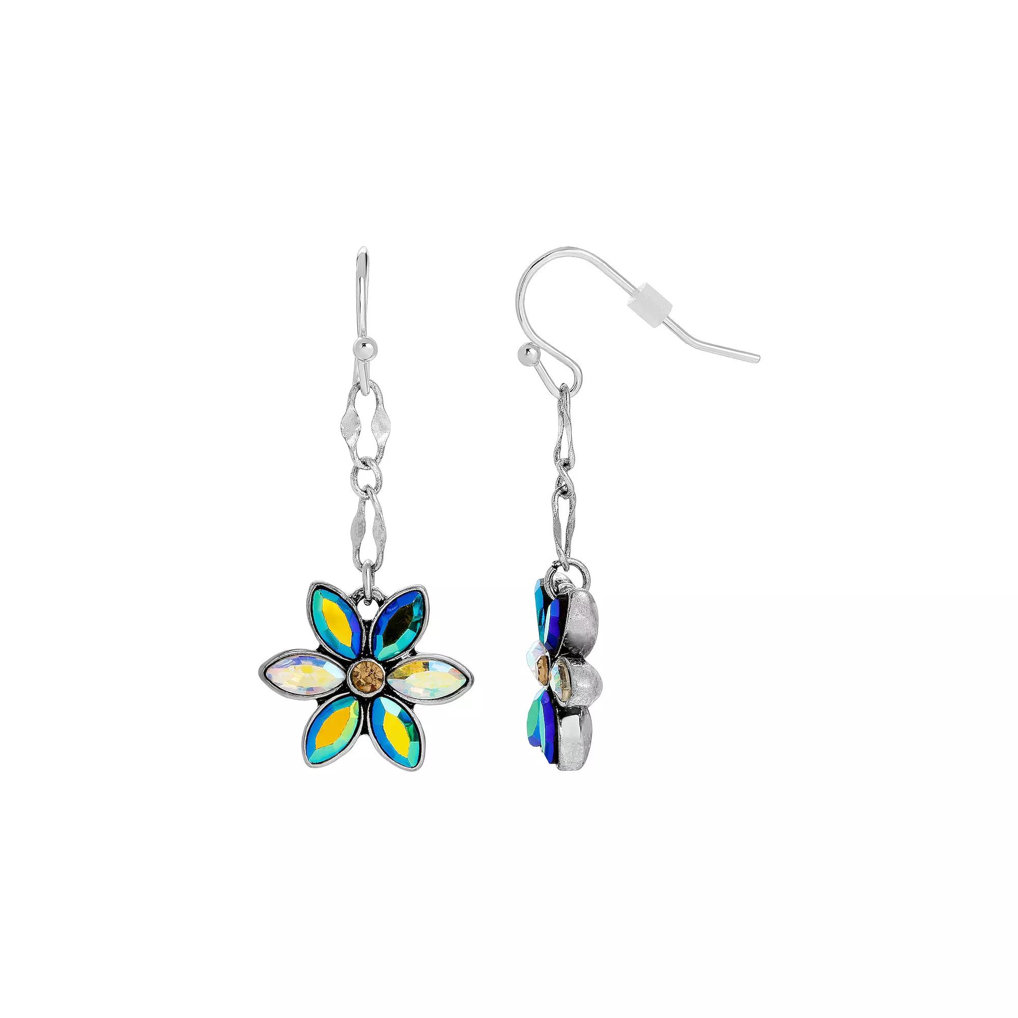 1928 Silver Tone Aurora Borealis Crystal Flower Earrings, Women's, Multi Product Image