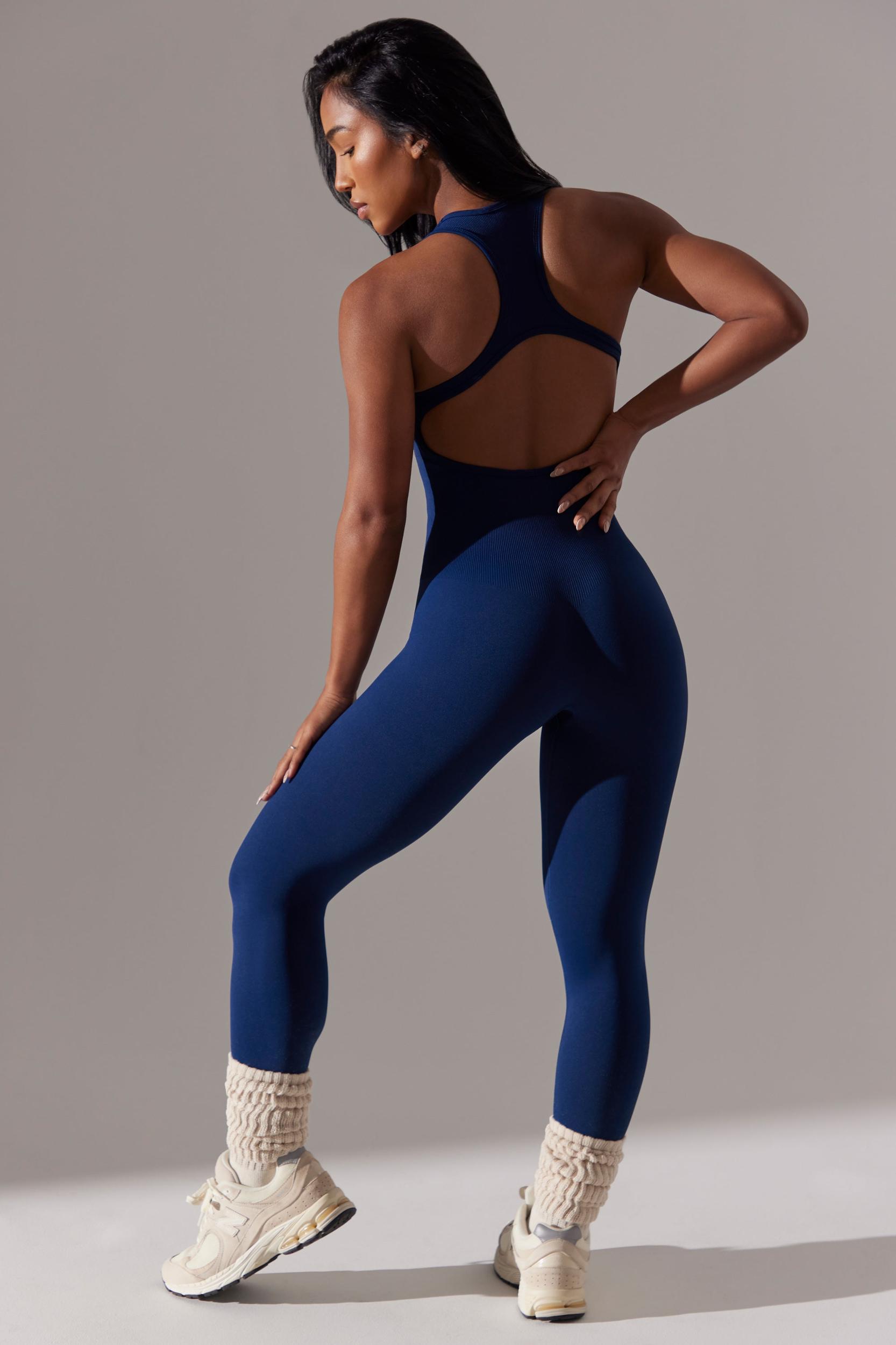 Petite Full Length Cut Out Back Unitard in Navy Product Image