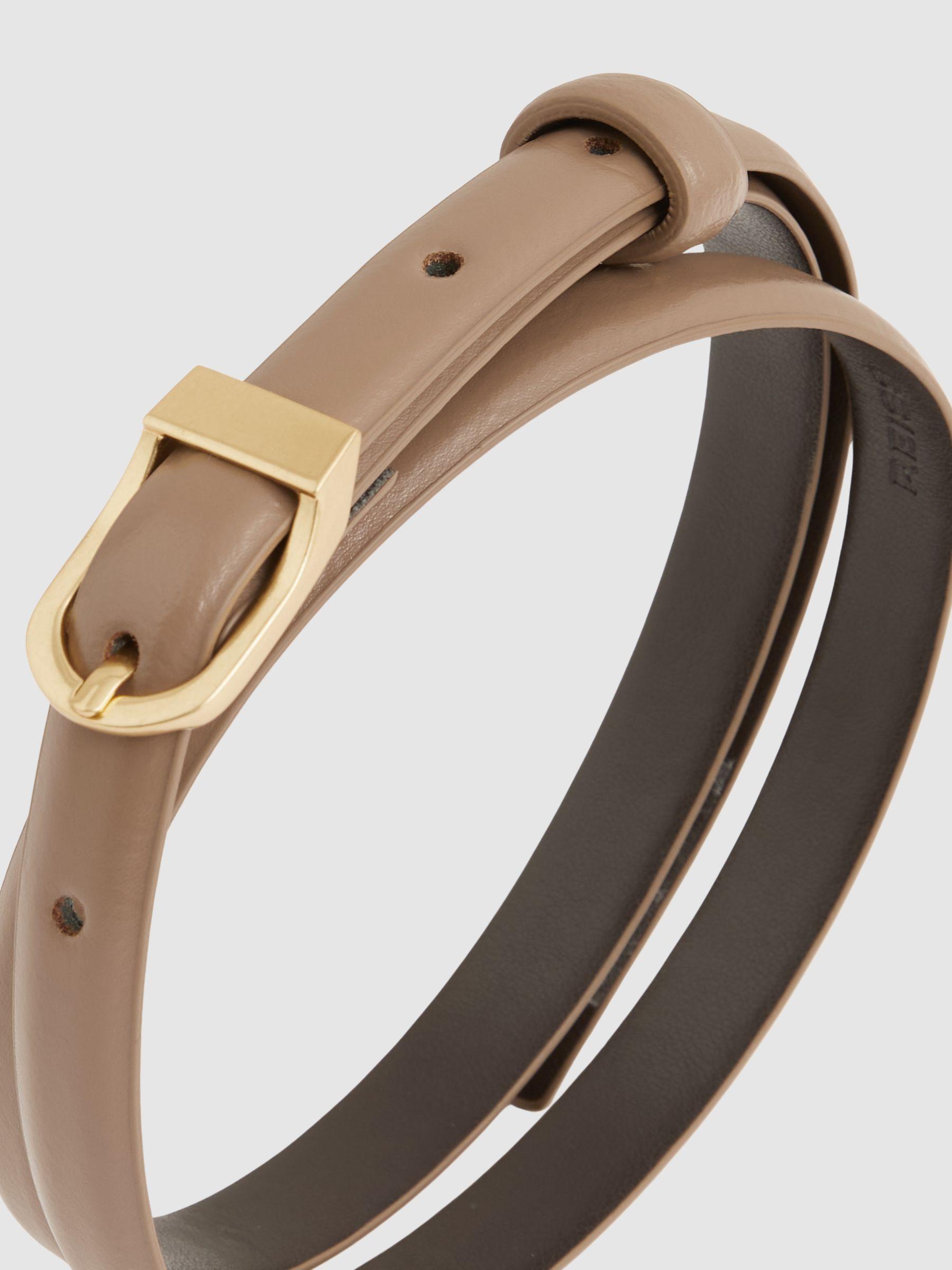 Leather Curved-Buckle Skinny Belt in Taupe Product Image
