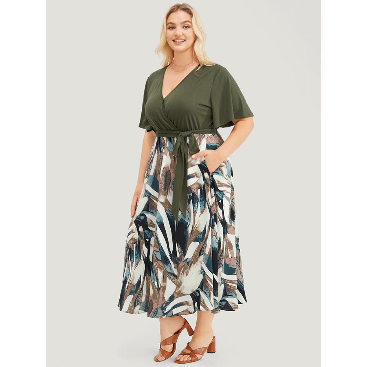 Plus Size Graphic Print Pocket Ruffle Surplice Neck Belt Dress Moss Women Office Lined V-neck Short sleeve Curvy Midi Dress BloomChic 10/M Product Image