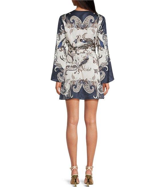 Gianni Bini Jenni Paisley Printed Satin V-Neck Long Sleeve Mini Wrap Dress Product Image