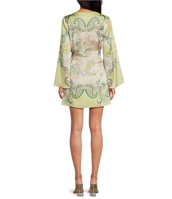 Gianni Bini Jenni Paisley Printed Satin V-Neck Long Sleeve Mini Wrap Dress Product Image