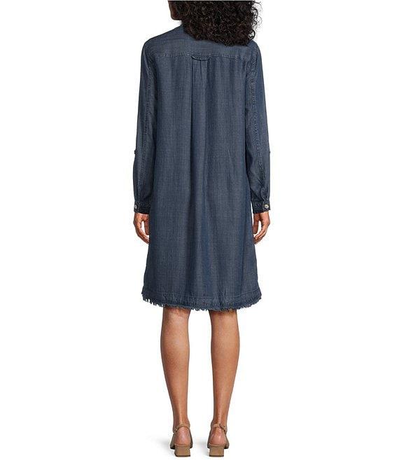 John Mark Wire Collar Roll-Tab 3/4 Sleeve Fringe Trim Button-Front Dress Product Image