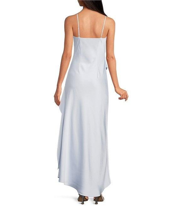 Gianni Bini Quinn Ruffle Draped V-Neck Sleeveless Satin Dress Product Image
