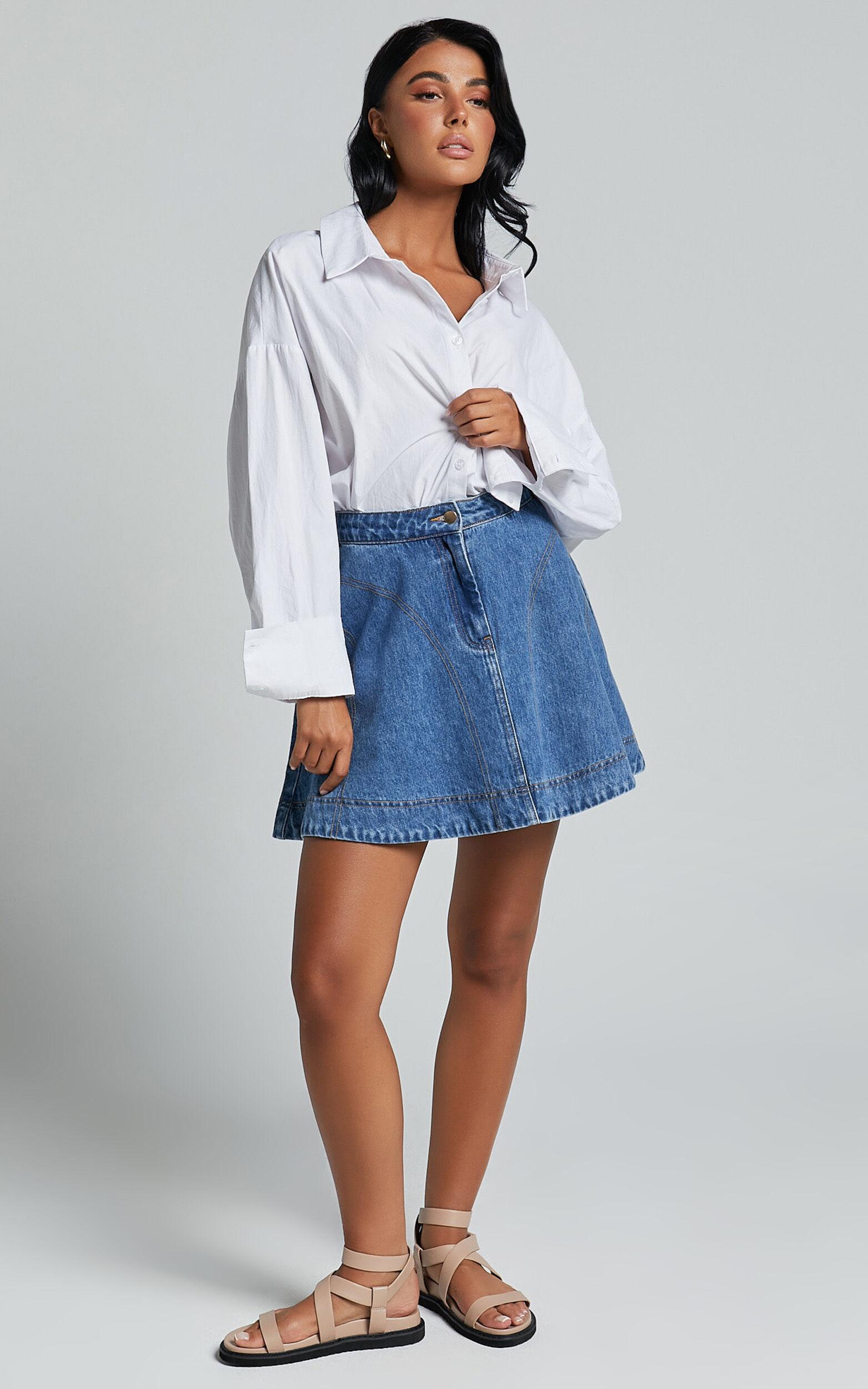 Koemi Skirt - High Waisted Denim Flare in Mid Blue Wash Product Image