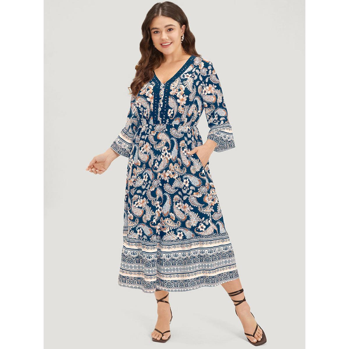 Plus Size Floral & Paisley Print Elastic Waist Button Detail Dress Aegean Women Vacation Printed V-neck Elbow-length sleeve Curvy Midi Dress BloomChic 30/6X Product Image
