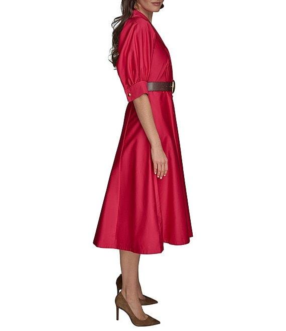Donna Karan Cotton Sateen Collared Neck Short Sleeve Belted Midi Shirt Dress Product Image