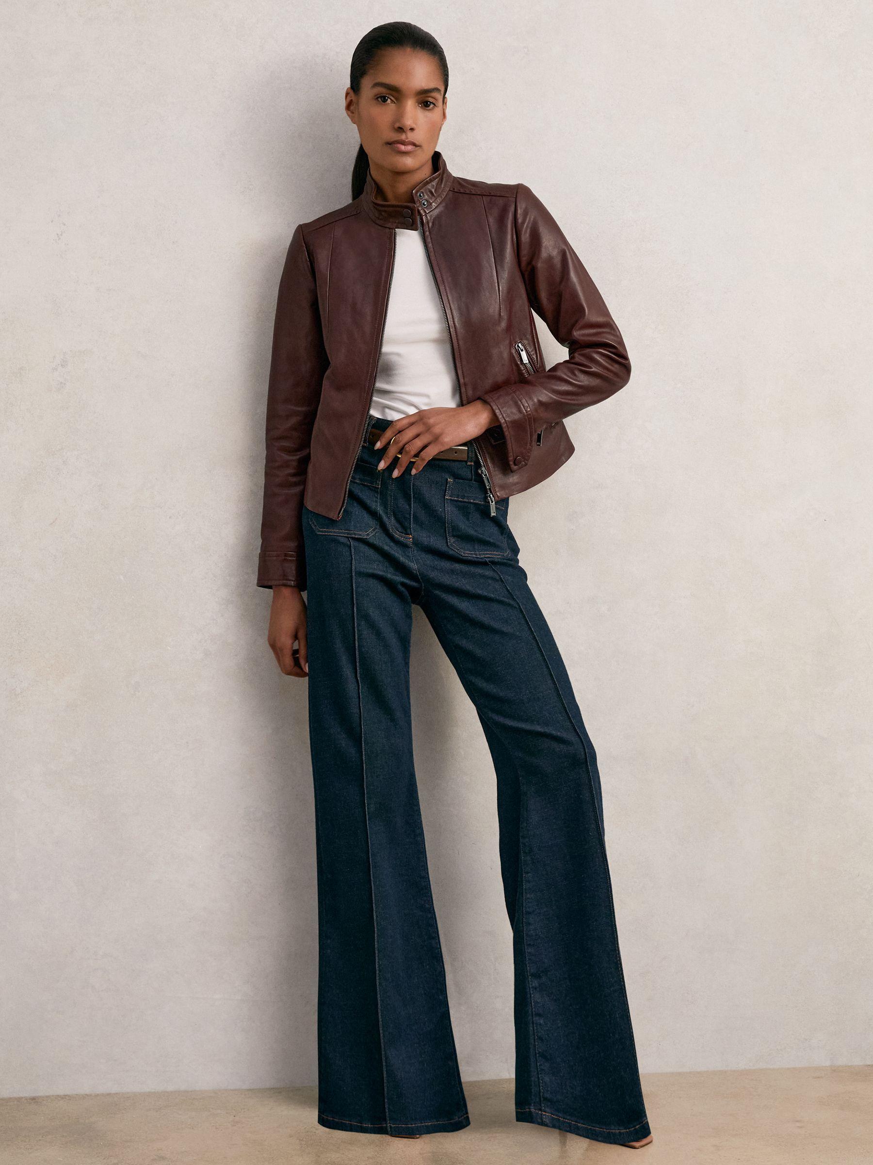 Fitted Leather Biker Jacket in Burgundy Product Image