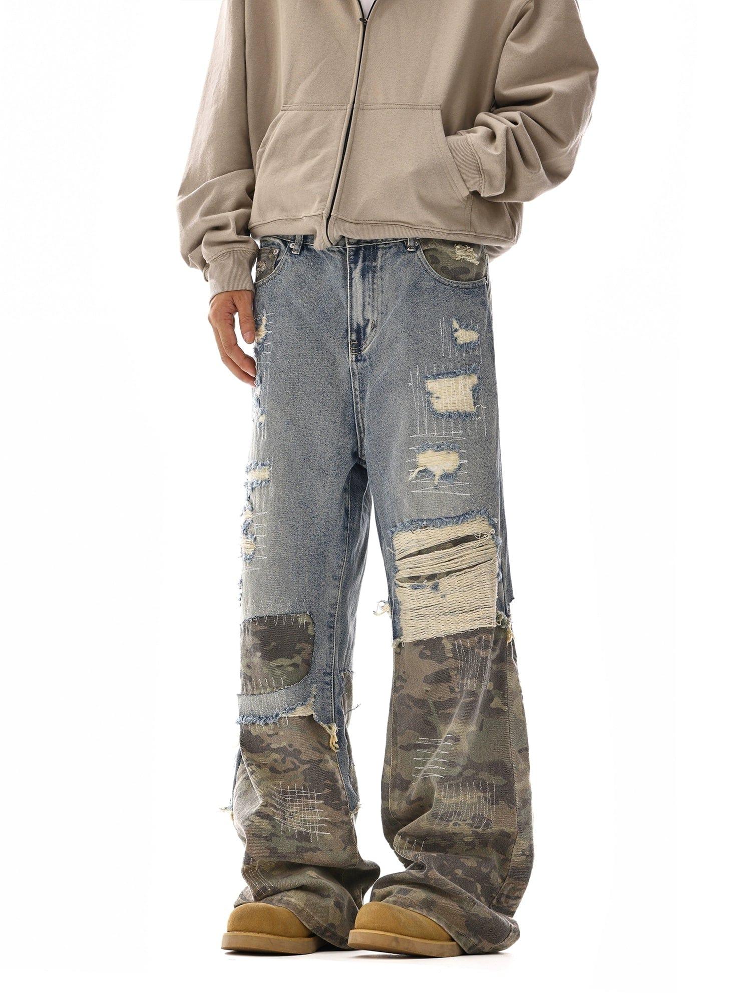 RT No. 12110 CAMO PATCH DISTRESSED DENIM JEANS Product Image